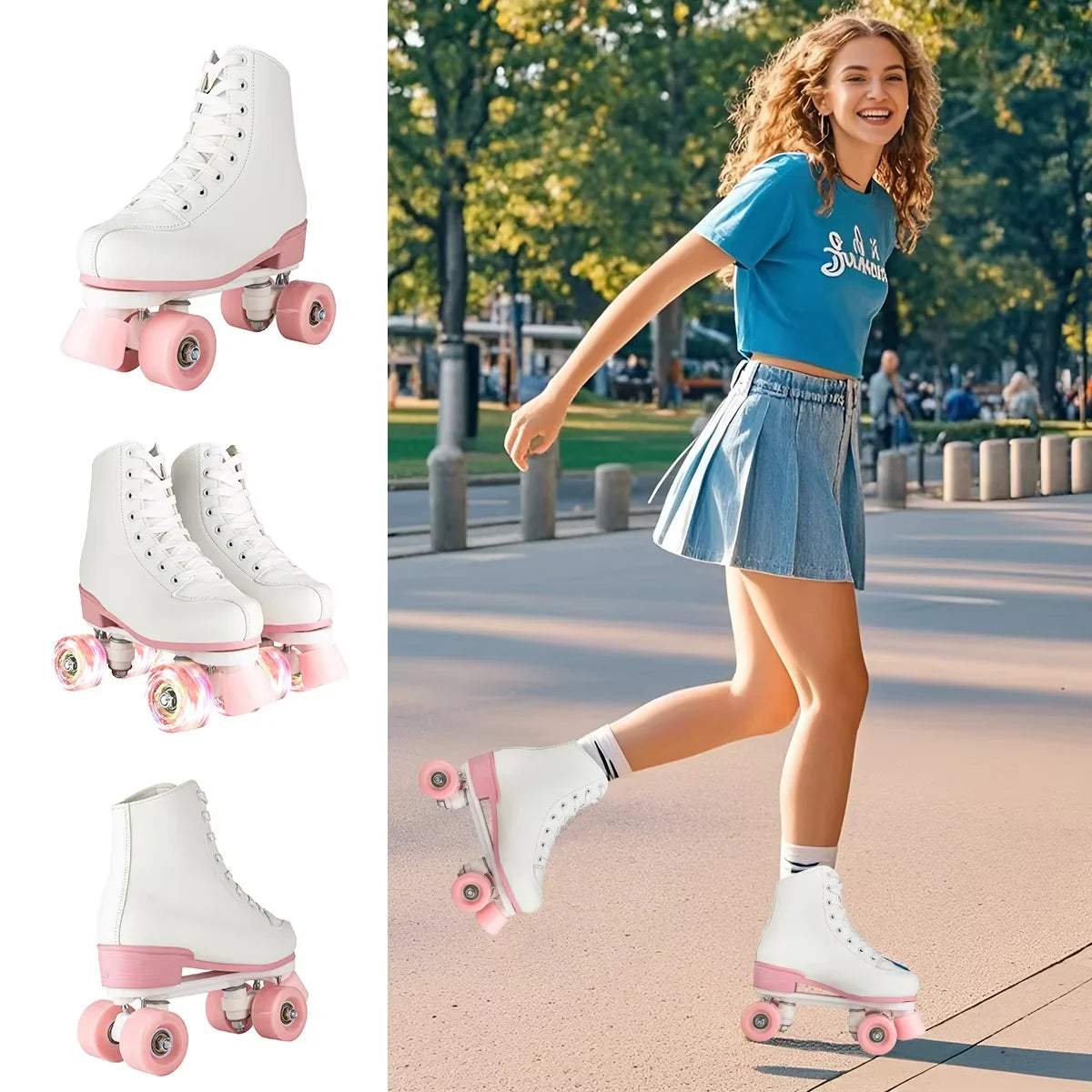 Adult Double-Row Roller Skates For Women Men Flashing 4 Wheels Skate Shoes Beginner Boys Girls Outdoor Skating Quad Sneakers Gifts Size 35 36 37 38 39 40