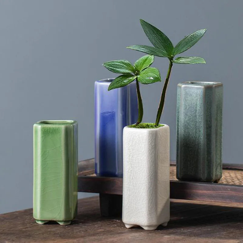 Ice Crack Quadrangular Tangent Green Plant Pot Succulent Plant Container Ceramic Vase Flowerpot Ornaments for Office Home Decor