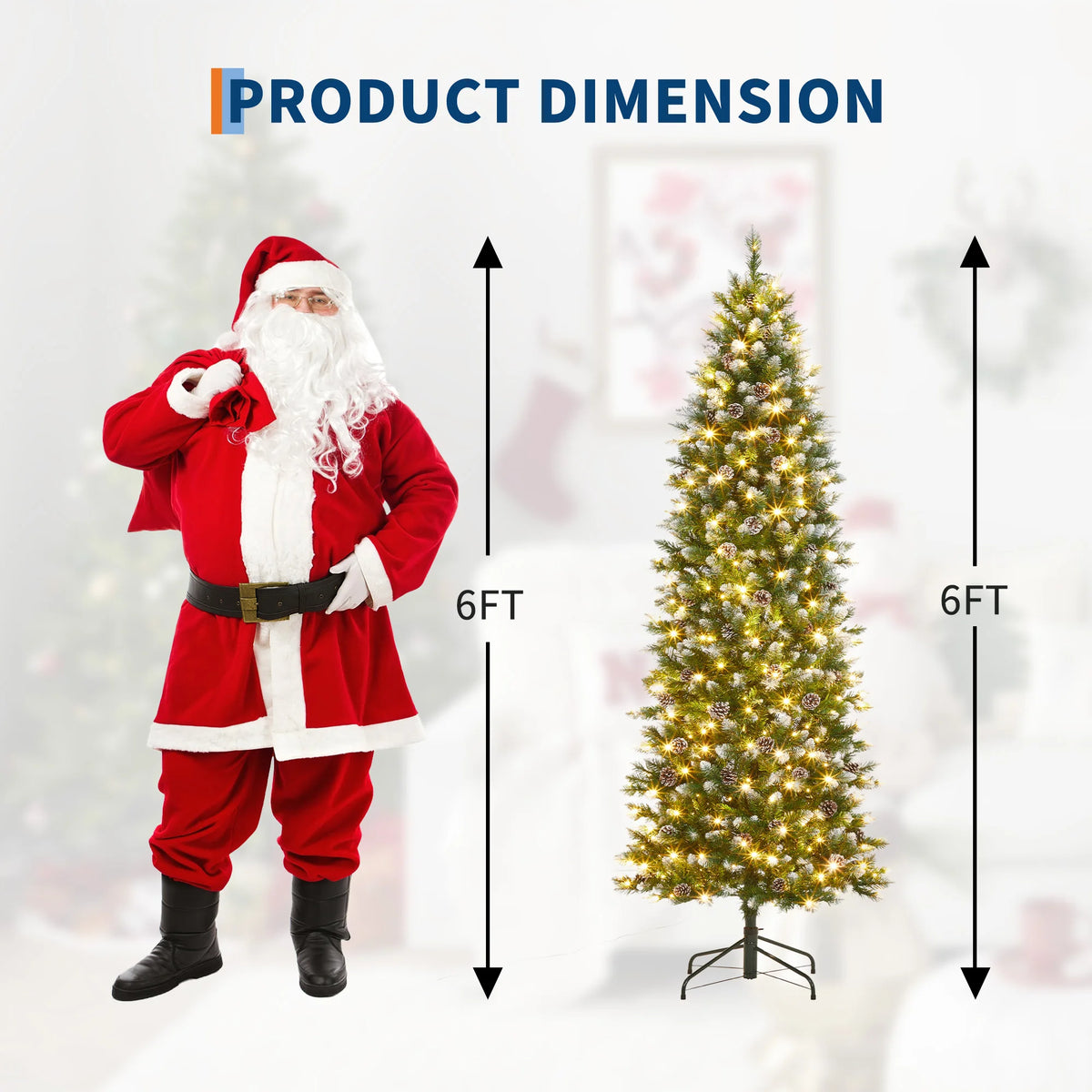 12ft Pre-Lit Flocked Slim Pencil Christmas Tree with 700 Warm White LEDs, 60 Pine Cones & Collapsible Metal Stand – Artificial Xmas Tree for Indoor Outdoor Holiday Decor