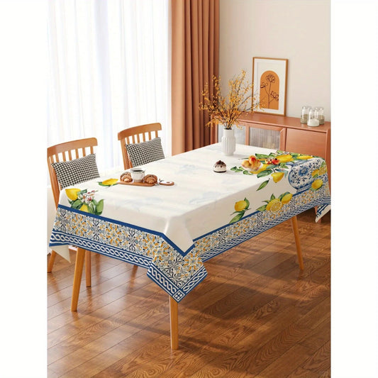 A Lemon Mediterranean Pattern Tablecloth,wedding decorations,summer decoration,garden decor for outside,outdoor decor, Suitable for Summer Use, Featuring a Fresh Fruit Design, Measuring 137.16 X 274.32cm. Made from Washable,