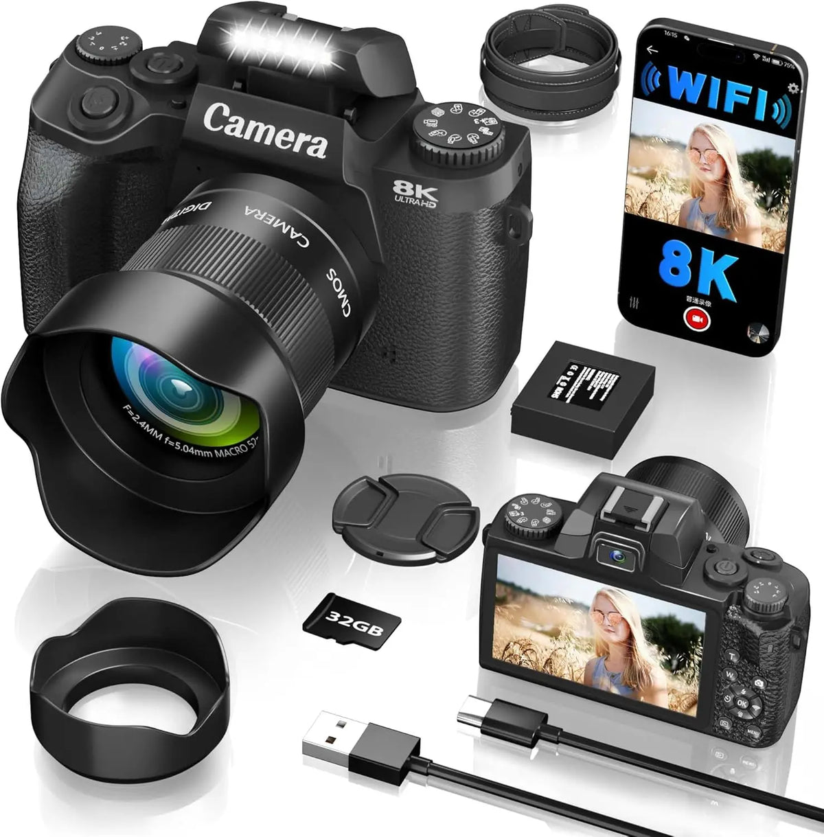 8K 64MP WiFi Vlogging Digital Camera with 4-Inch Touchscreen, 16X Zoom Autofocus Dual Lens, 3000mAh Battery, 32GB Card & Lens Hood, for YouTube and Photography (Black)