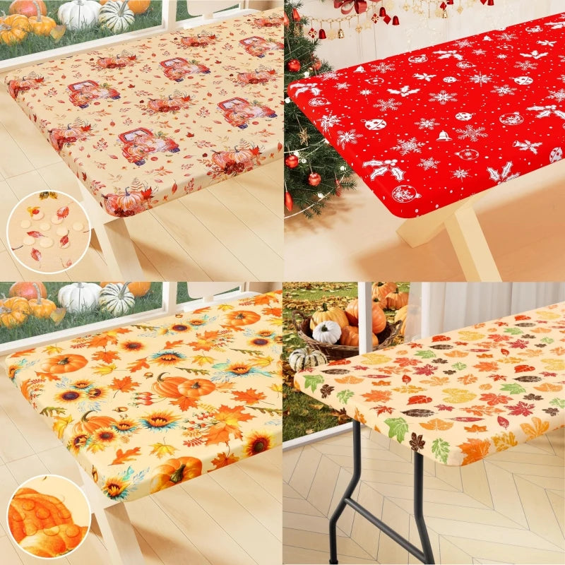 Waterproof PVC Flannel Table Cover Elastic Fitted Tablecloth Floral Pumpkin Christmas Pattern Dining Party Decoration