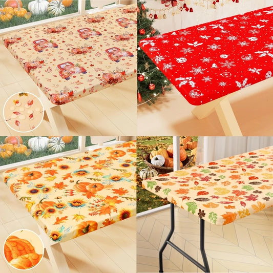 Waterproof PVC Flannel Table Cover Elastic Fitted Tablecloth Floral Pumpkin Christmas Pattern Dining Party Decoration