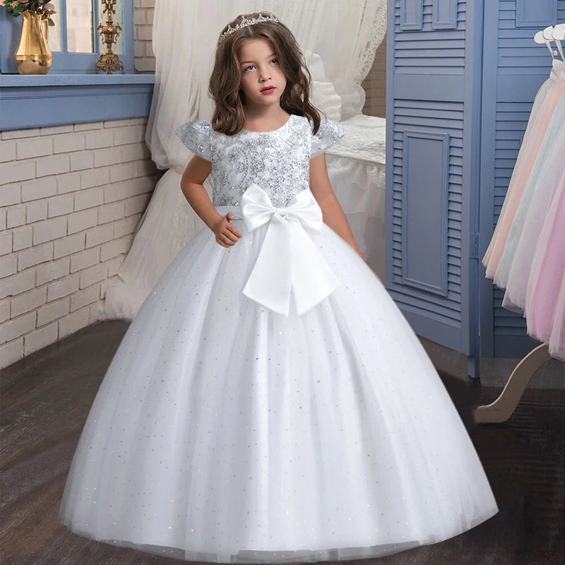 New Christmas Party Princess Long Dress Children's Gauze Lace Birthday Party Dinner Ball Big Butterfly Dress