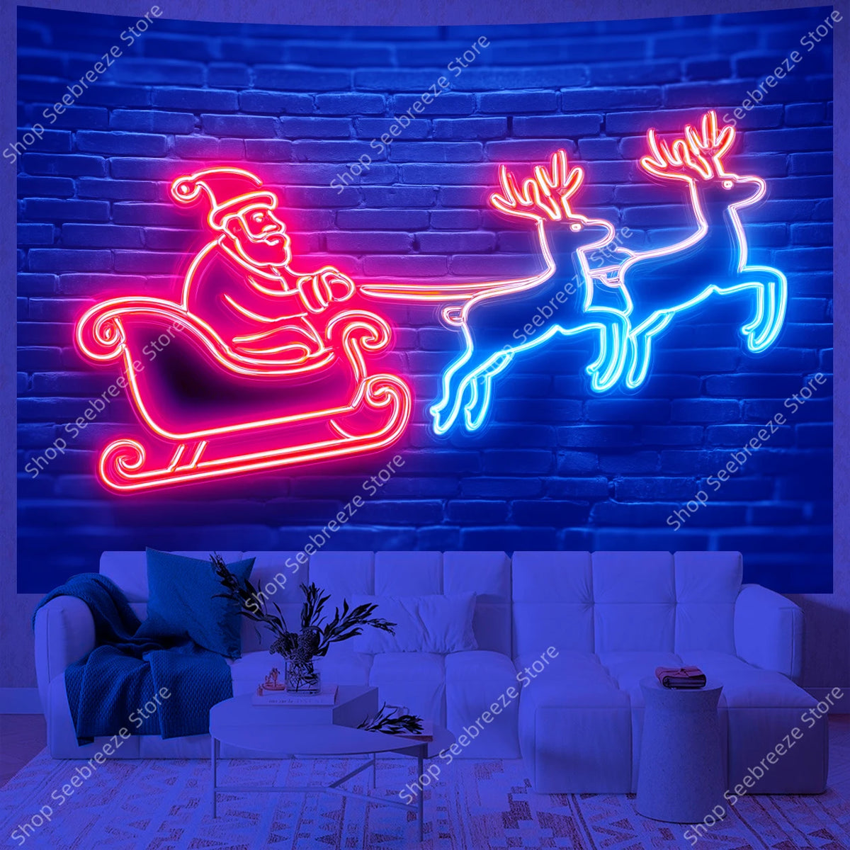 Neon Santa Claus Sleigh Ride UV Tapestry Glowing Reindeer Wall Hanging for Christmas Holiday Bedroom Living Room Office Decor
