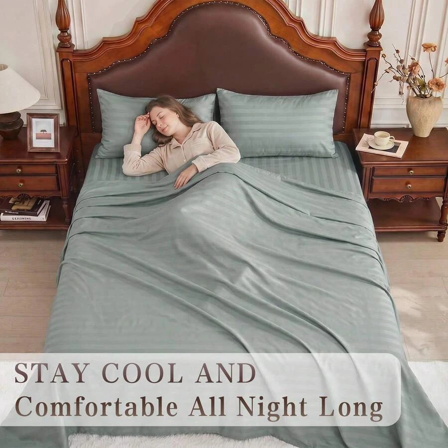 Striped Cooling Sheets Set King Size - Fitted Flat Sheet & Pillowcase Sets 4 Piece - Super Soft Stripe Bed Sheet, Easy Care, Deep Pocket /sf260521111363488956160