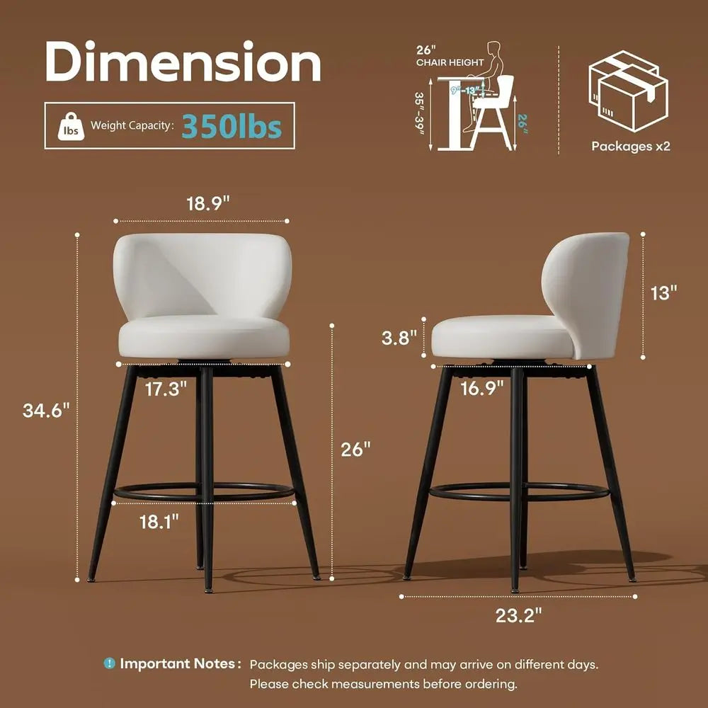 26" White Bar Stools Set o 4, Swivel Kitchen Island Chairs | 3.8" Upholstered Cushion, Ergonomic Winged Backrest, 360° Silent Sw