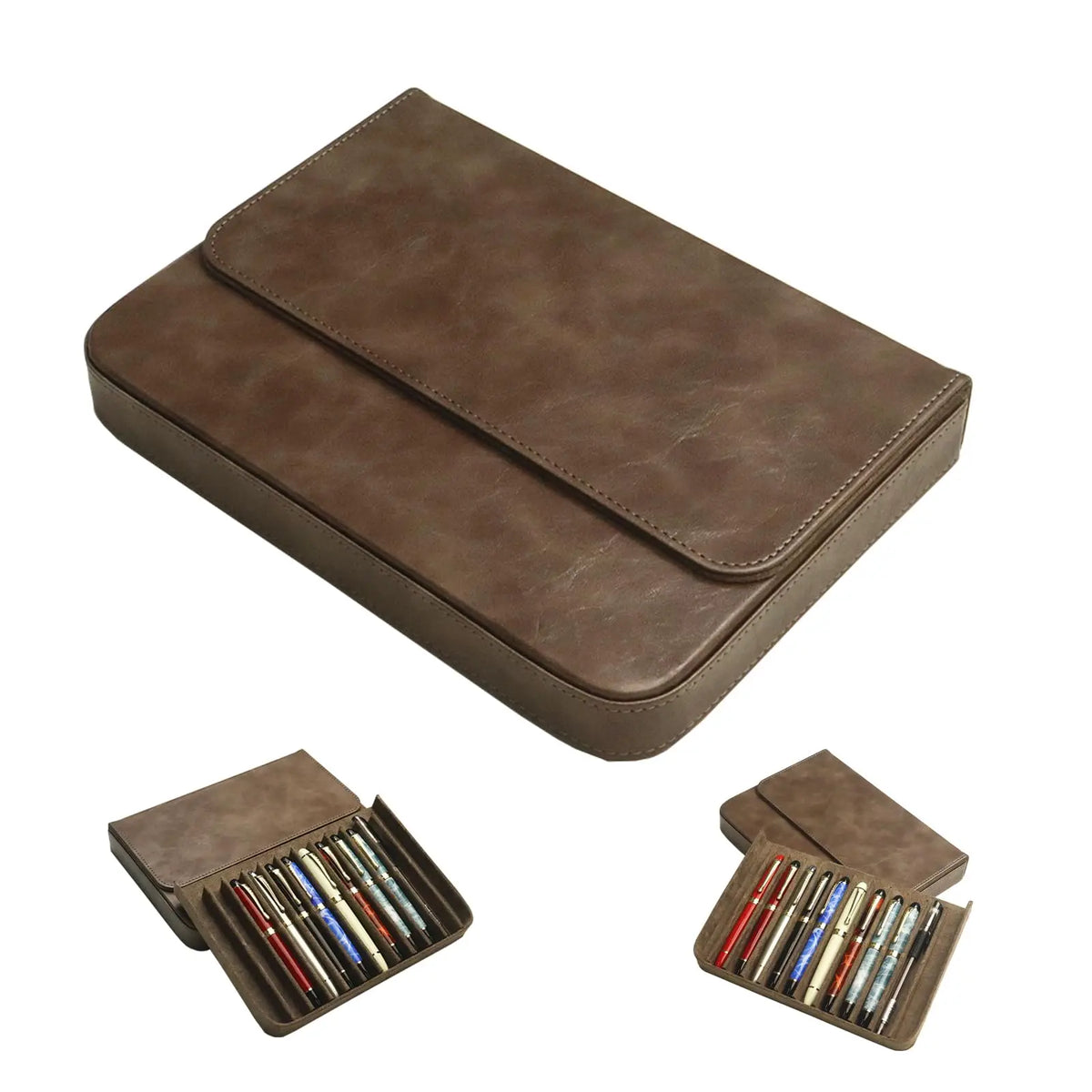 PU Leather 12 Fountain Pen Case Organizer, Handmade, Magnetic Closure with Drawer, Christmas Gift for Man/Woman/Office,12 slots