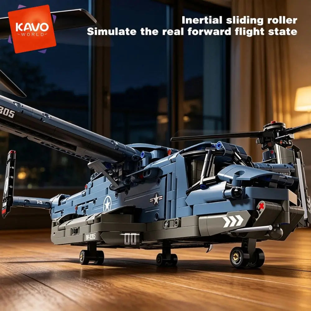 KAVOWORLD 1486PCS V-22 Osprey Tiltrotor Aircraft Building Blocks Set Simulation Military Helicopter Model Kit Collectible Airplane Bricks Construction Set, 360° Rotating Propellers Sliding Cockpit Movable Landing Gear Milita