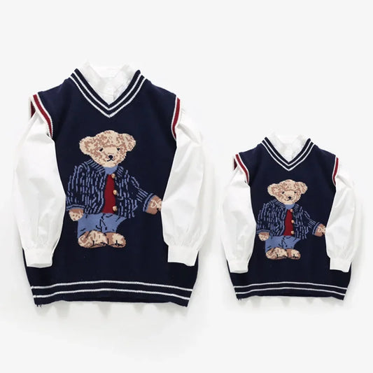 Parent-Child Vest Family Matching Sweater for Kids Bear Knit Top Sleeveless Dad Mom and Son Daughter Christmas Knitted Cardigan