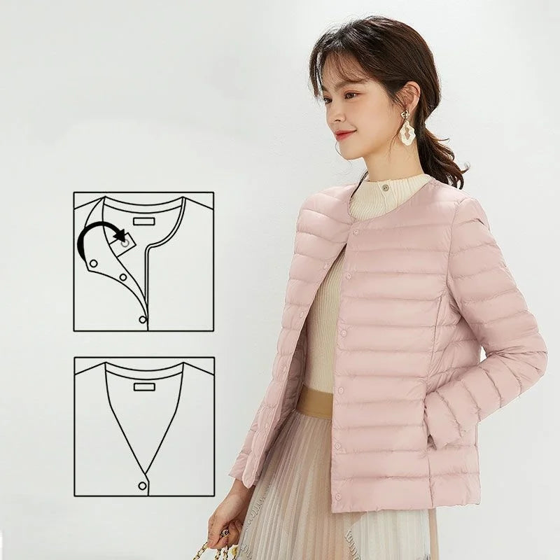 Women Liner Duck Down Jacket O-neck Variable V-neck 2022 New Female Winter Keep Warm Collarless Ultralight Quilted Puffer Coat