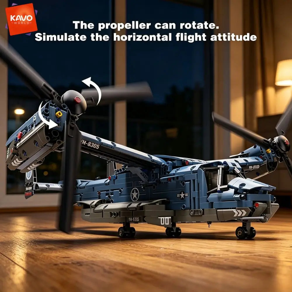KAVOWORLD 1486PCS V-22 Osprey Tiltrotor Aircraft Building Blocks Set Simulation Military Helicopter Model Kit Collectible Airplane Bricks Construction Set, 360° Rotating Propellers Sliding Cockpit Movable Landing Gear Milita