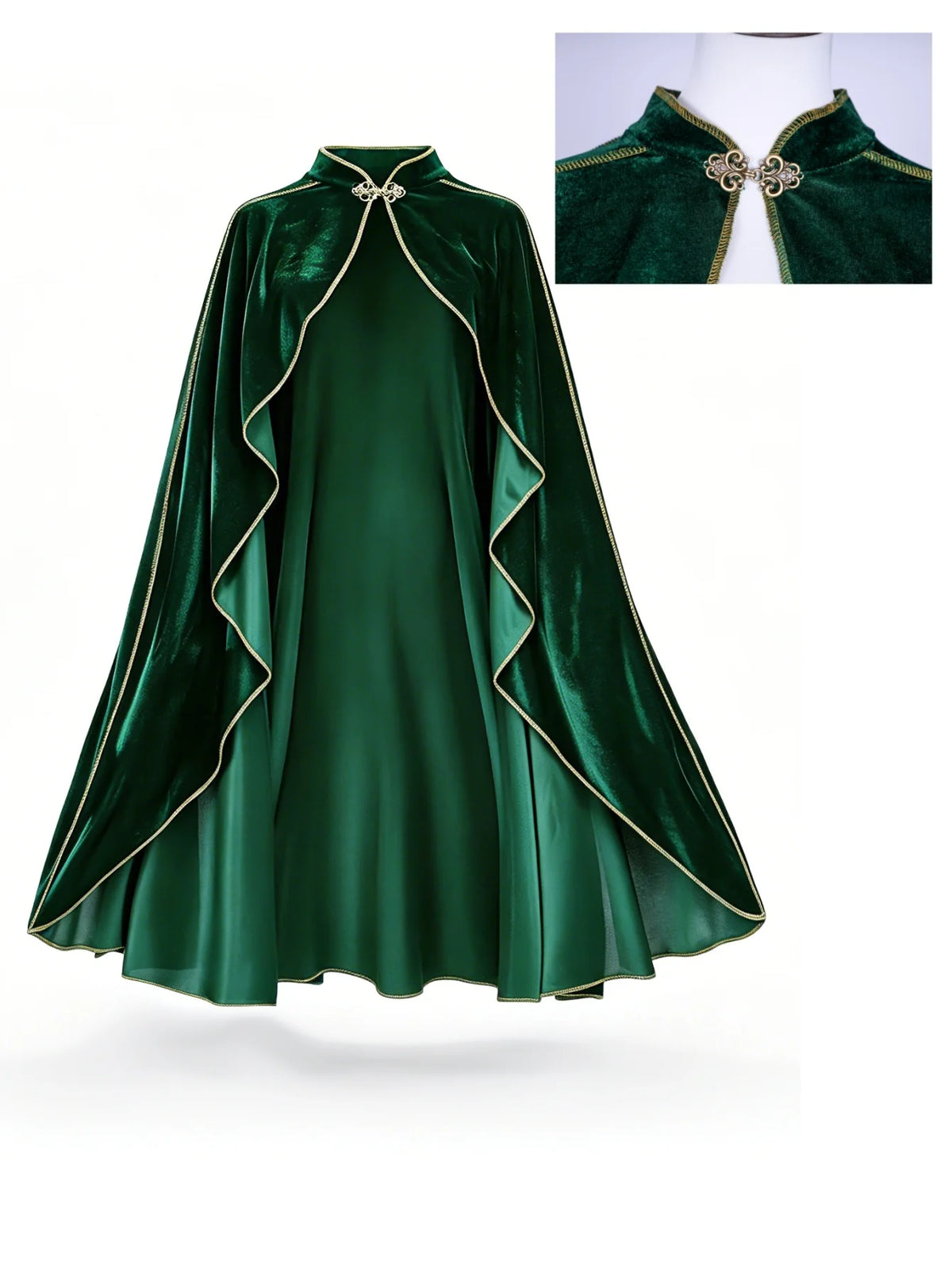 Women Vintage Green Velvet Cape Cloak Gold Trim Stand Collar Cosplay Costume Long Cape For Halloween Party Medieval Renaissance Dress Up