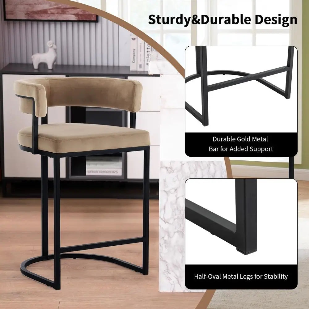 Set o 2 Brown ern Velvet Bar Stools with Barrel Backrest, Upholstered Seat, and Black Metal ootrest – 25.6-Inch Seat Height, Ide