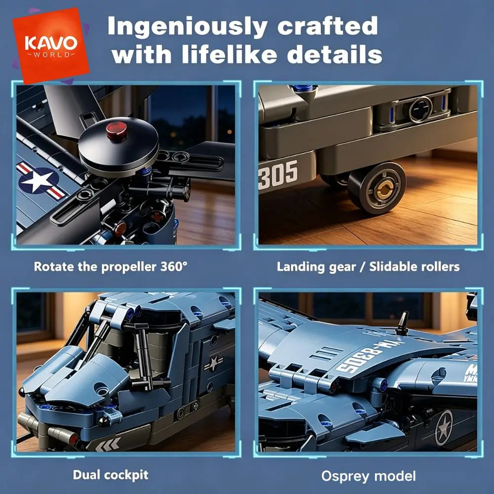KAVOWORLD 1486PCS V-22 Osprey Tiltrotor Aircraft Building Blocks Set Simulation Military Helicopter Model Kit Collectible Airplane Bricks Construction Set, 360° Rotating Propellers Sliding Cockpit Movable Landing Gear Milita