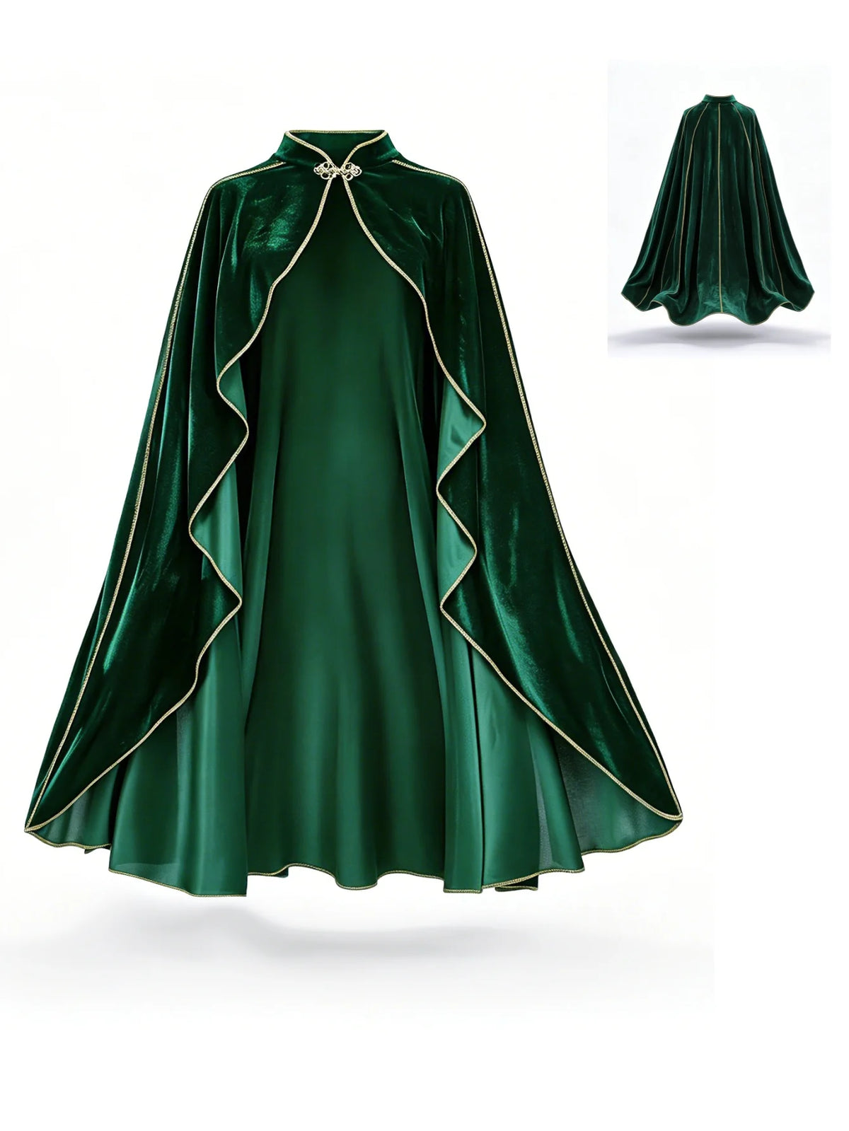 Women Vintage Green Velvet Cape Cloak Gold Trim Stand Collar Cosplay Costume Long Cape For Halloween Party Medieval Renaissance Dress Up
