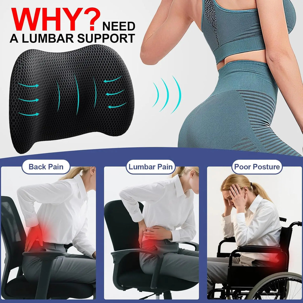Lumbar Support Pillow for Car, Memory Foam Car Back Cushion | Car Seat Back Pillow for Driving, Adjustable Strap, Ergon