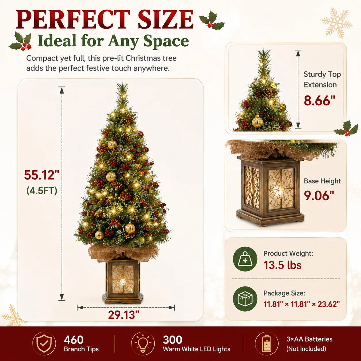 4.5ft Pre Lit Artificial Christmas Tree with 300 LED Lights 8 Modes Timer Battery Operated Realistic Spruce Xmas Decor with Antique Urn Base for Indoor Holiday Home Desk Table Decoration