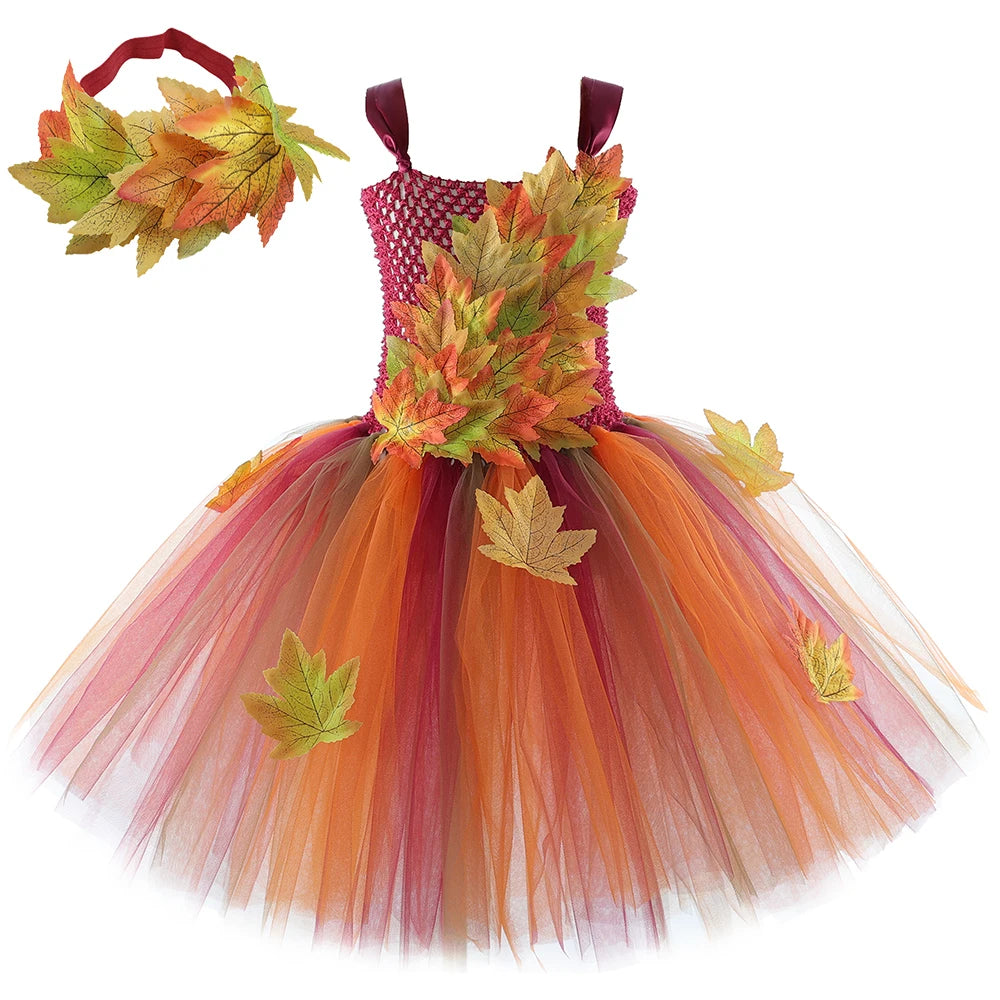 Autumn Maple Leaves Fairy Costumes for Girls Forest Woodland Elf Princess Dresses with Wings Children Halloween Christmas Outfit