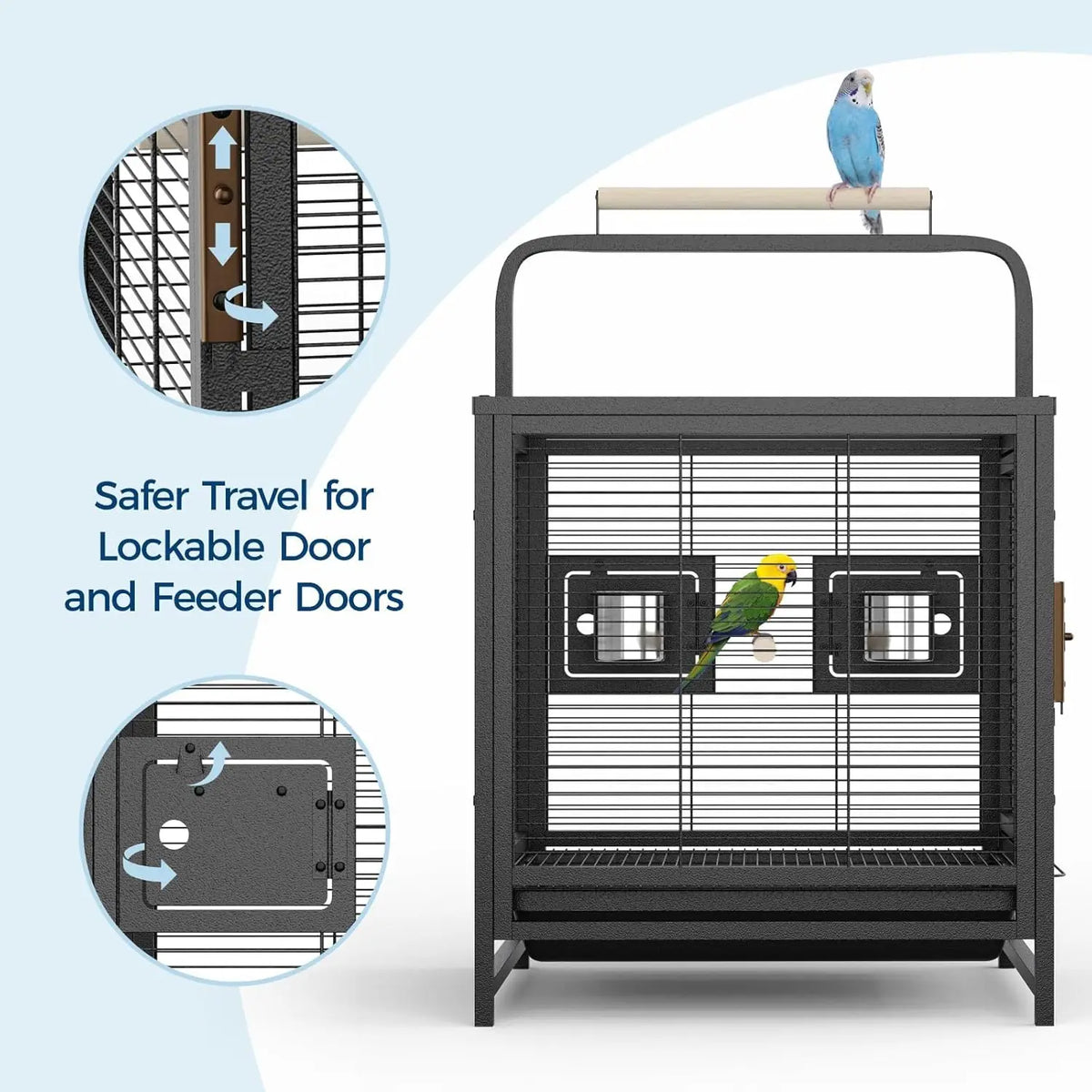 Portable Bird Cage, 19x15x25.5in, Wrought Iron, 2-in-1 Wooden Perch Handle, Removable Deep Tray, For Parakeets, Cockatiels, Budgies & Canaries,Outdoor Activity