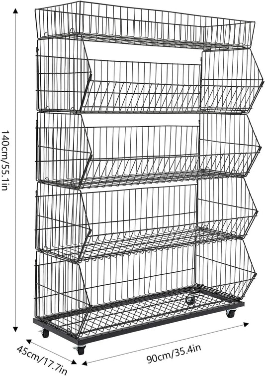 5 Tier Large Wire Metal Mobile Supermarket Storage Shelf,Fruit Vegetable Snack Supply Basket for Home Store Market