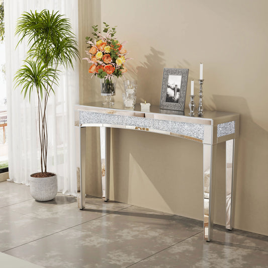47.2" Mirrored Desk Silver Console Table Mirror Sofa Table with Crystal Inlay Front for Living Room, Entryway, Foyer