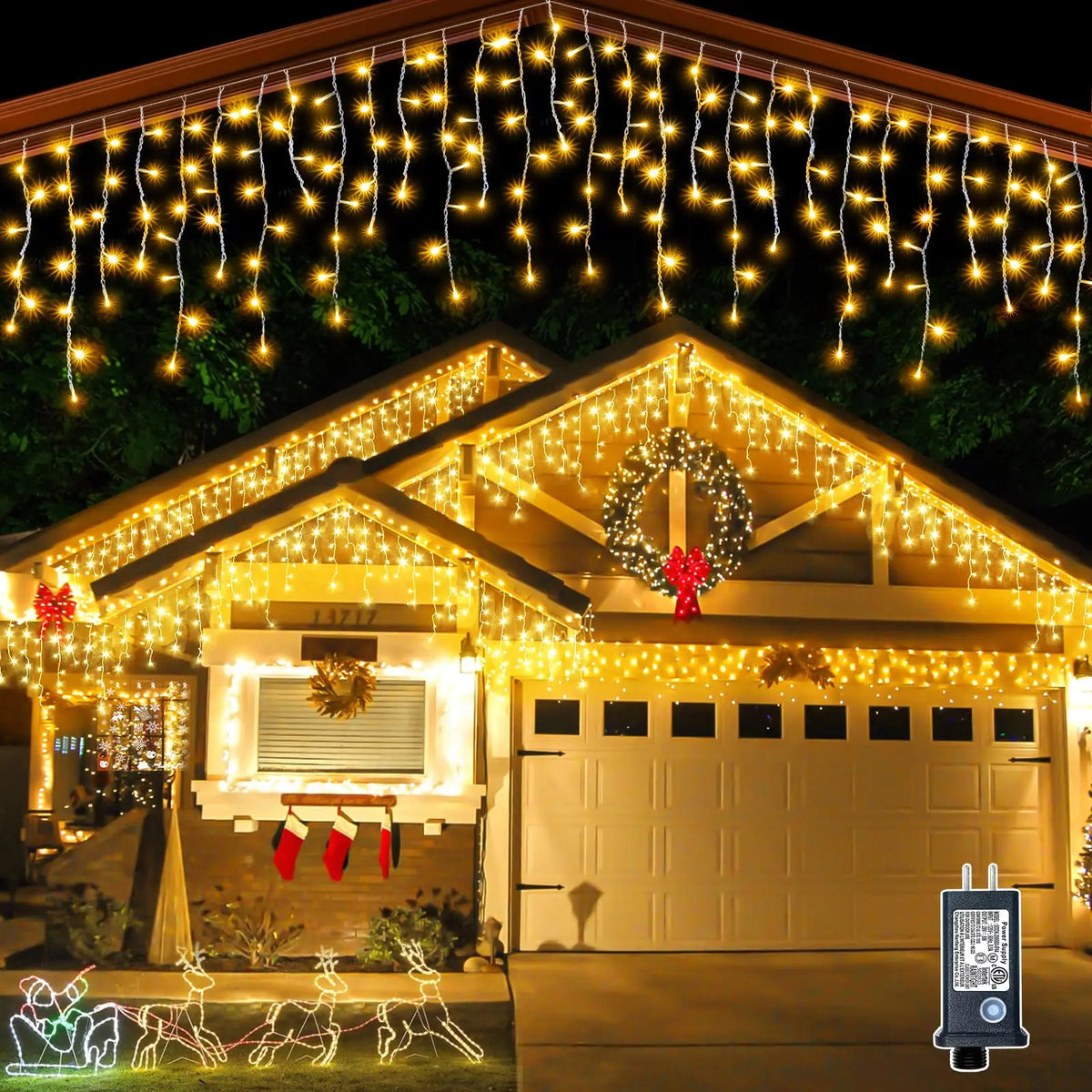 Christmas Festoon Led Icicle Curtain Lights Outdoor 4M(W)*0.6M(H) White Flash Fairy String Light Clear Wire New Year Decorations