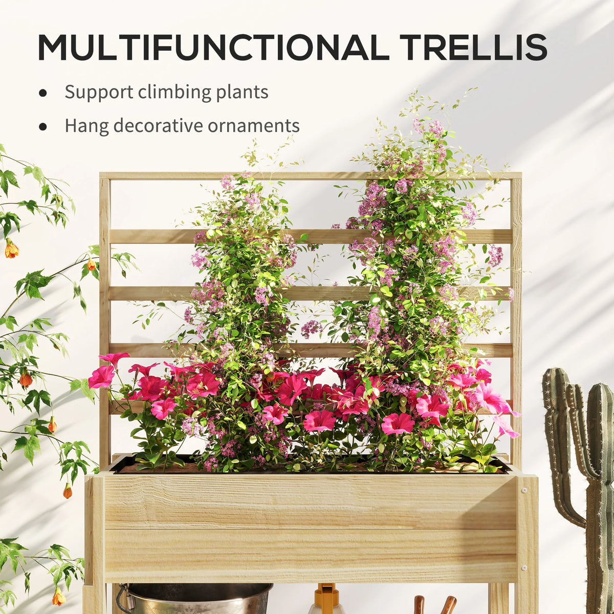 Wooden Raised Planter Box with Trellis, Raised Flower Bed with Storage Shelf, Outdoor Garden Planter for Vegetables, Flowers, Herbs
