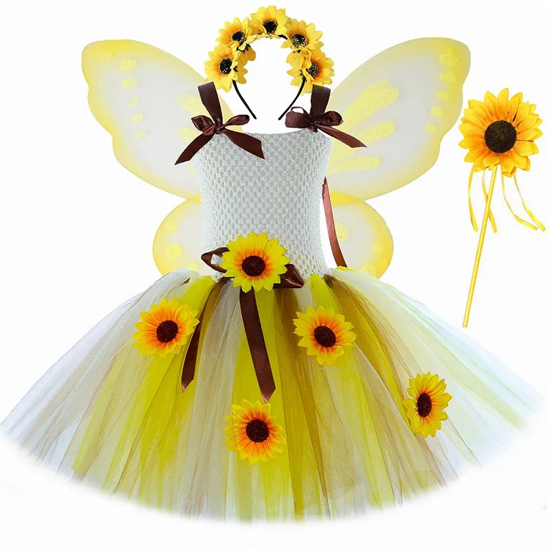Sunflower Fairy Costume for Girls Fall Autumn Sun Flowers Tutu Dress Toddler Kids Halloween Christmas Party Tulle Princess Dress