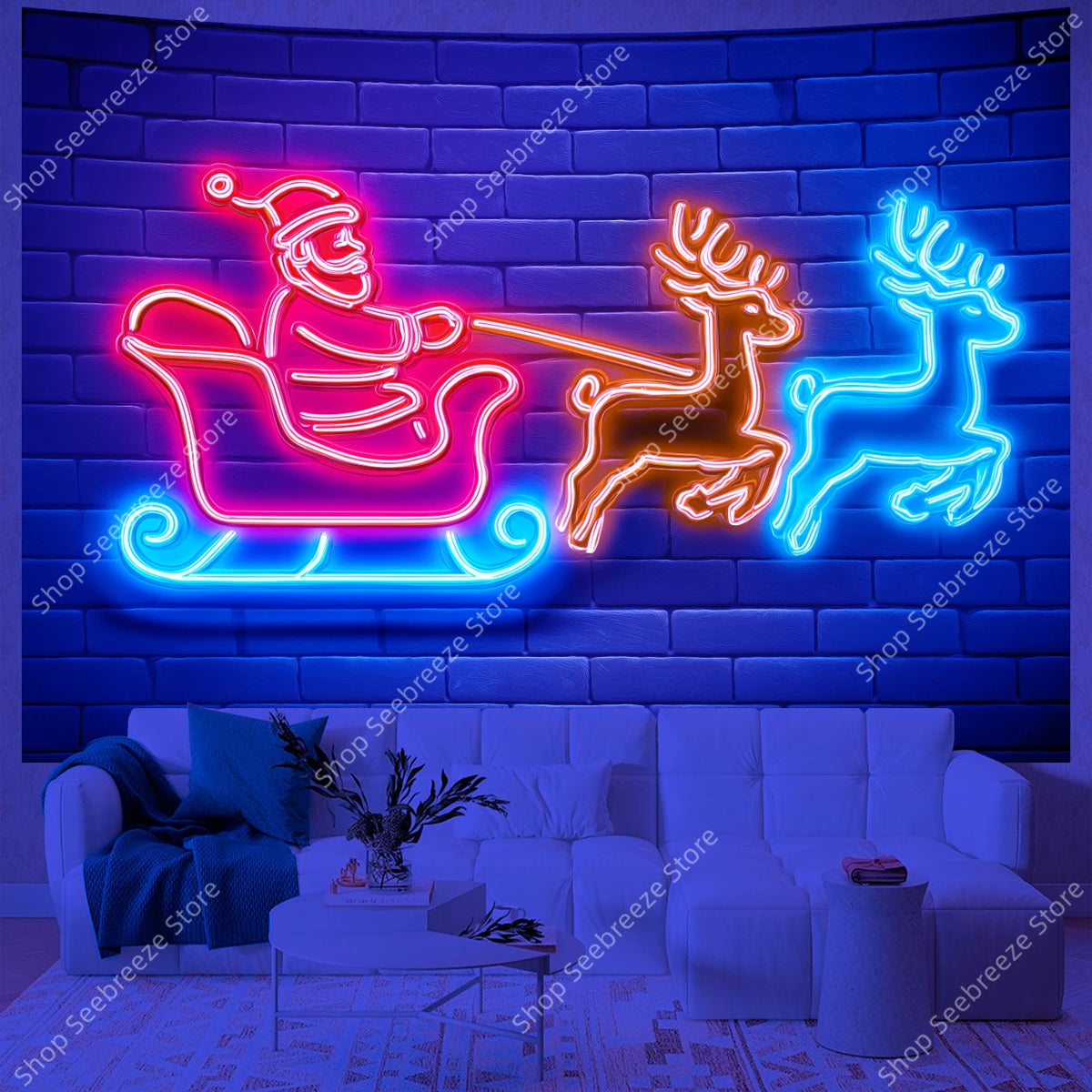Neon Santa Claus Sleigh Ride UV Tapestry Glowing Reindeer Wall Hanging for Christmas Holiday Bedroom Living Room Office Decor