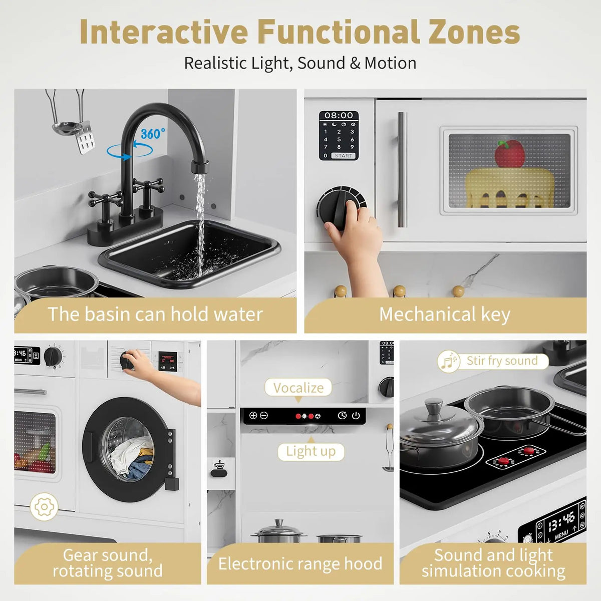 8-in-1 Wooden Play Kitchen Set For Kids With Lights Sounds, Ice Maker, Coffee Machine, Washer, 11 Accessories & Storage, Ages 3+