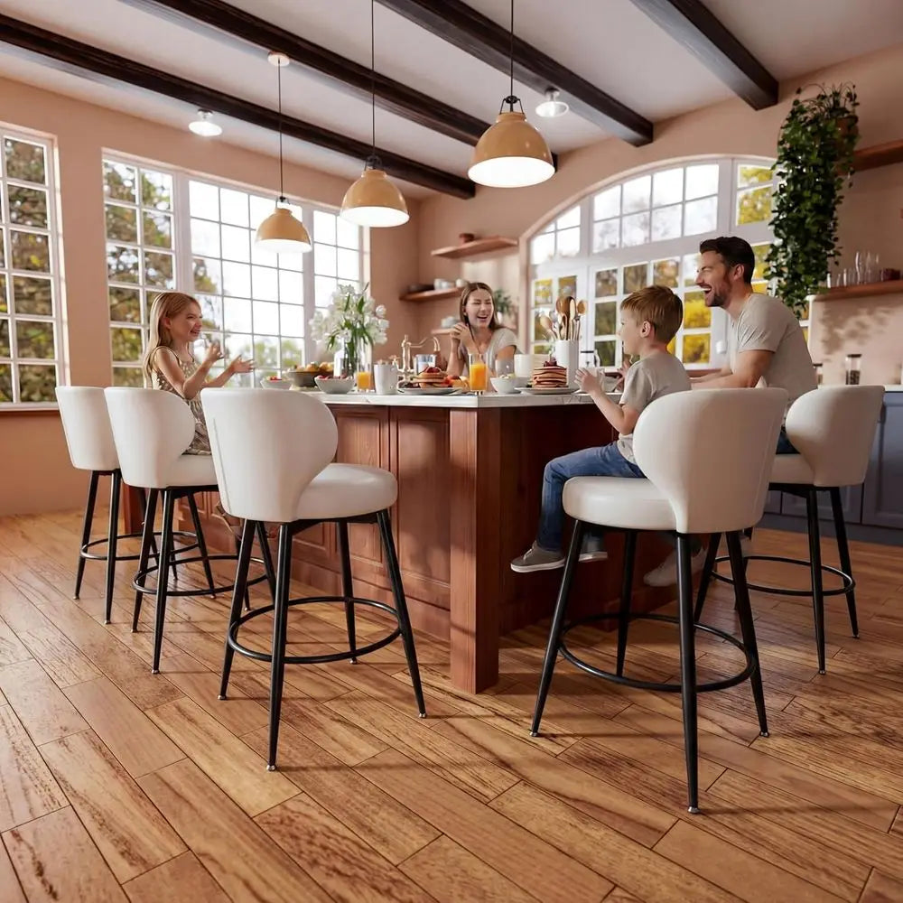 26" White Bar Stools Set o 4, Swivel Kitchen Island Chairs | 3.8" Upholstered Cushion, Ergonomic Winged Backrest, 360° Silent Sw