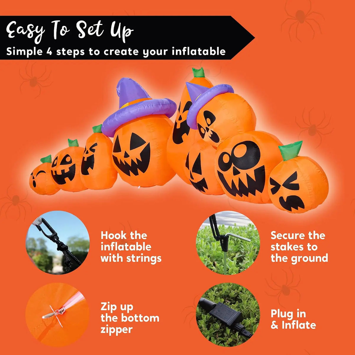 12.5 FT Halloween Inflatable Pumpkin Outdoor Decorations Blow Up Yard Decorations with Witch Hat 9 Pcs Blow Up Pumpkin Inflatable with Built-in LEDs for Halloween Decor