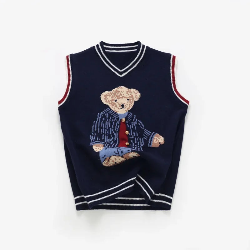 Parent-Child Vest Family Matching Sweater for Kids Bear Knit Top Sleeveless Dad Mom and Son Daughter Christmas Knitted Cardigan