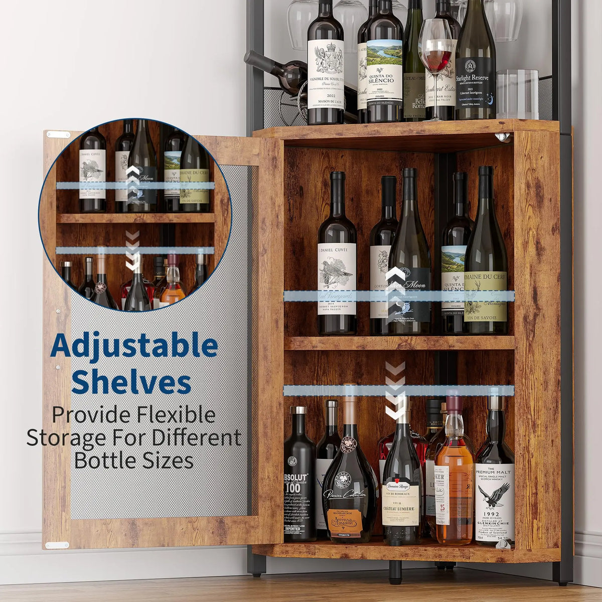 Corner Bar Wine Cabinet With LED Lights, 5-Tier Liquor Storage Cabinet With Glass Holder, Mesh Door & Adjustable Shelf For Home