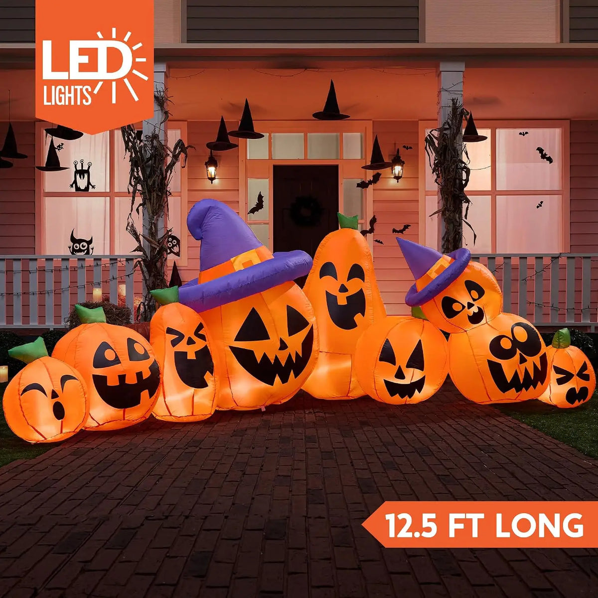 12.5 FT Halloween Inflatable Pumpkin Outdoor Decorations Blow Up Yard Decorations with Witch Hat 9 Pcs Blow Up Pumpkin Inflatable with Built-in LEDs for Halloween Decor