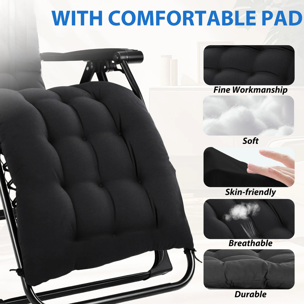 MCQ Zero Gravity Cushioned Lounge Chair Outdoor Folding Camping Padded with Cup Holder Cooler Bag Heavy Duty Chair for Garden
