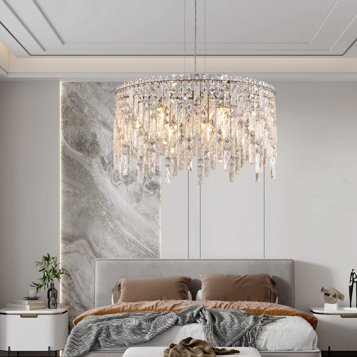 24" Luxurious Round Silver Crystal Chandelier, Contemporary Rectangular Pendant Light for Dining Room, Living Room,Grand Foyers