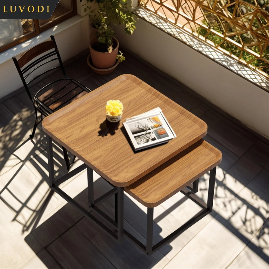 LUVODI Set of 2 Industrial Coffee Table Retro Square Wooden Center Tea Table with Metal Base for Living Room Sofa