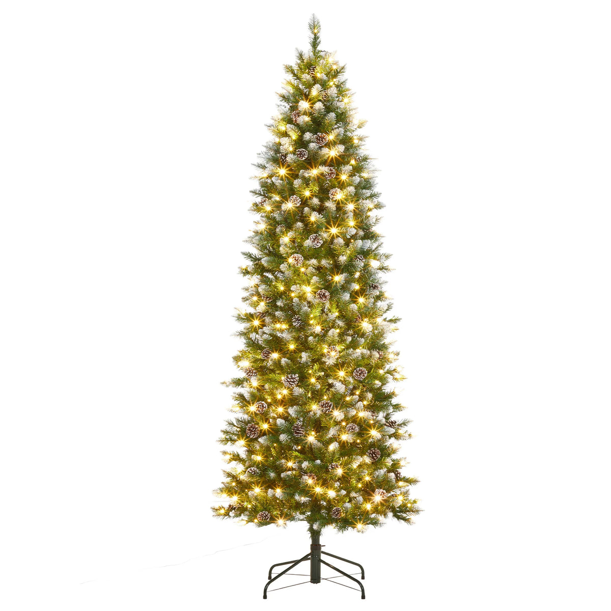 12ft Pre-Lit Flocked Slim Pencil Christmas Tree with 700 Warm White LEDs, 60 Pine Cones & Collapsible Metal Stand – Artificial Xmas Tree for Indoor Outdoor Holiday Decor