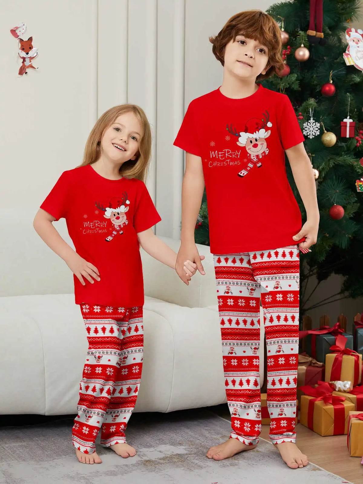New Year's Costumes Short Sleeve Christmas Pyjamas Set Adults Kids Matching Outfits Cute Elk Print T-shirt+Trousers Loungewear