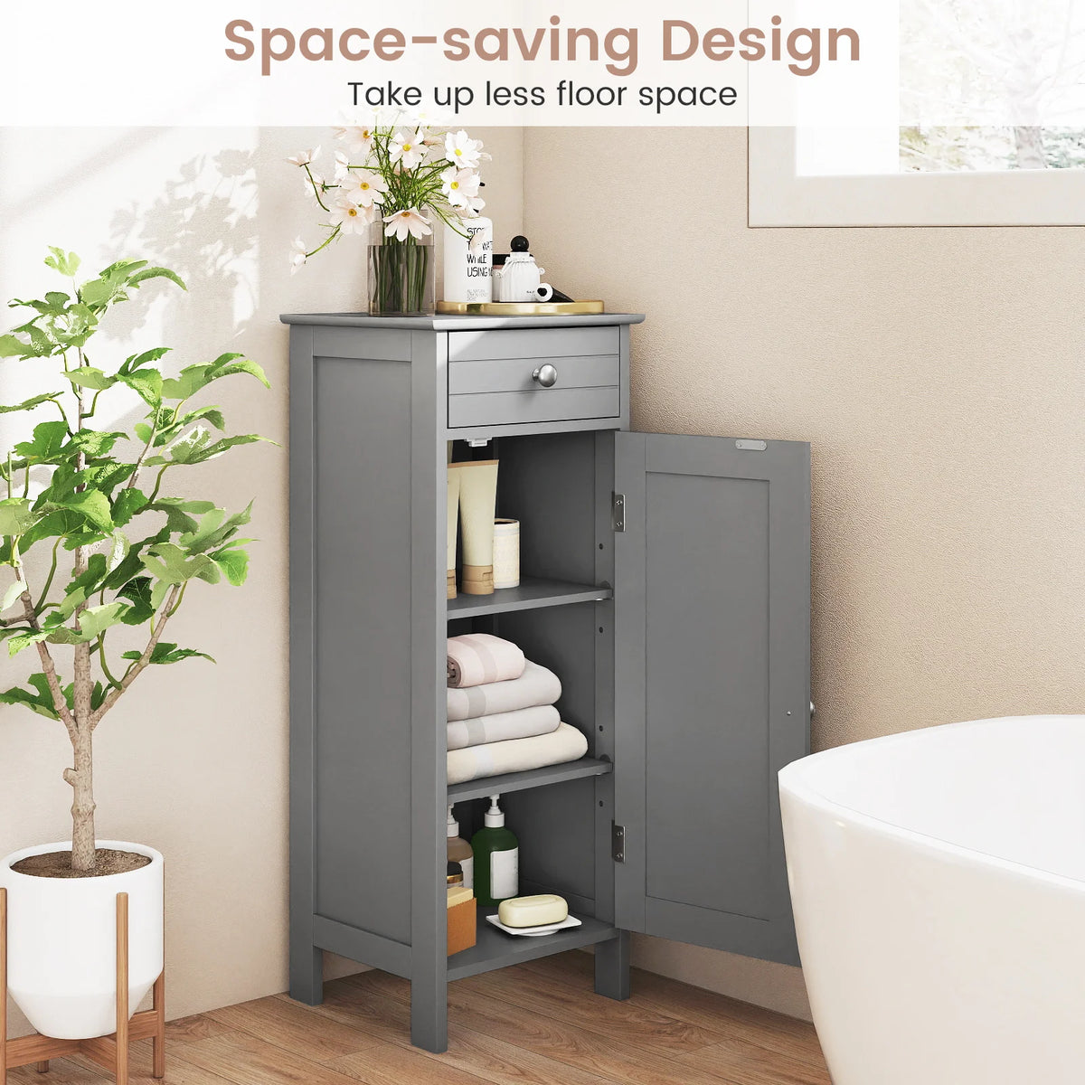 Costway Bathroom Floor Cabinet Storage Organizer Free-Standing w/ Drawer Grey