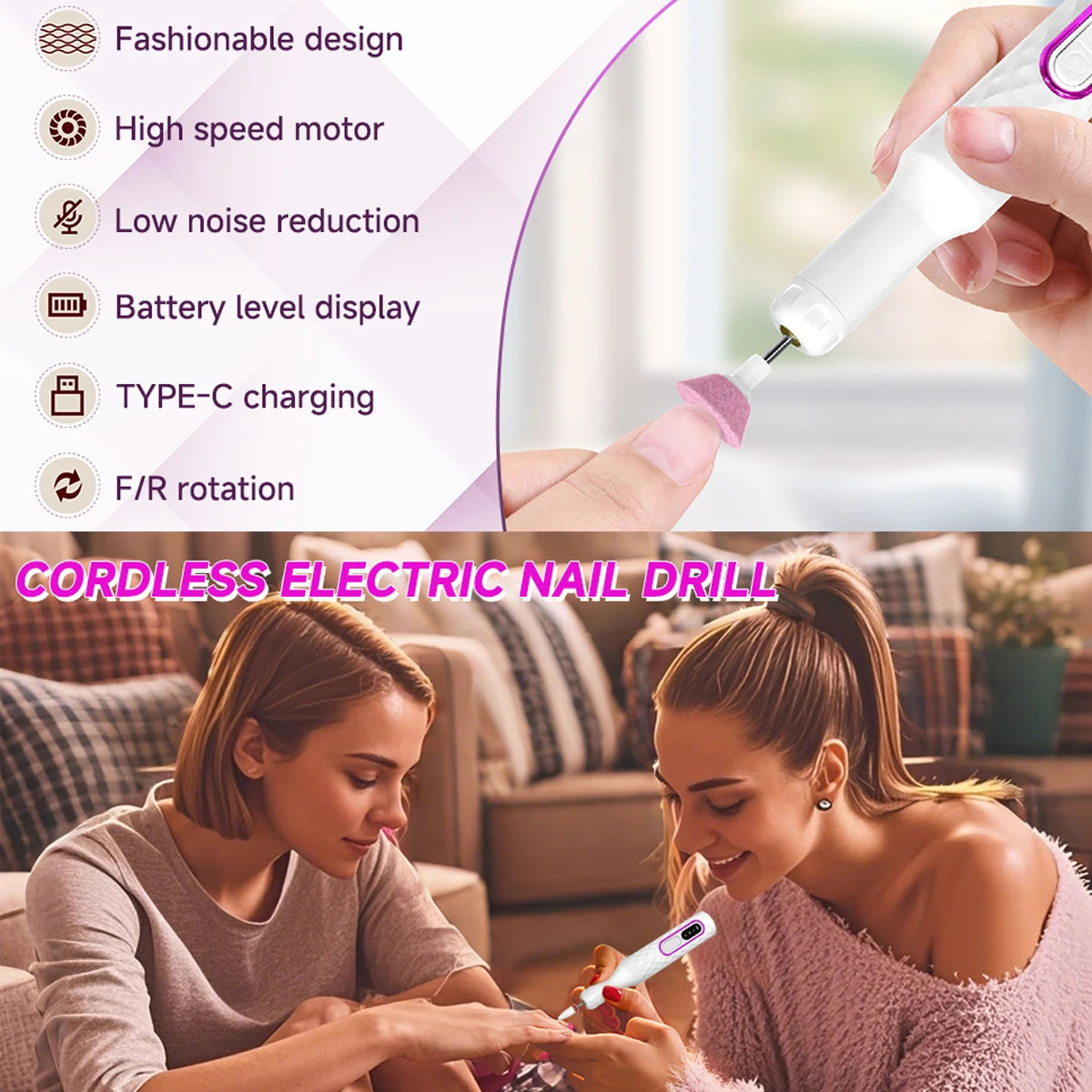 Cloud Prime Nail Drill, Adjustable 20000 RPM Portable Cordless Professional Electric Nail Polish Machine With Nail Clippers, Bits Kit, Manicure Pedicure Polishing Shape Tools For Manicure Salon Christmas And New Year Gifts