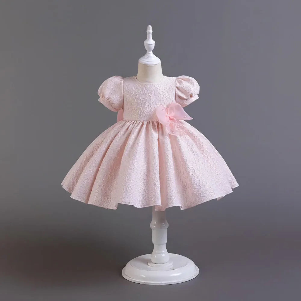 Super Pearl Bow Girl Kid's Dress Puff Sleeve Princess Jacquard Flower Infant Dress Gown Christmas Party Clothes 1-6 Years