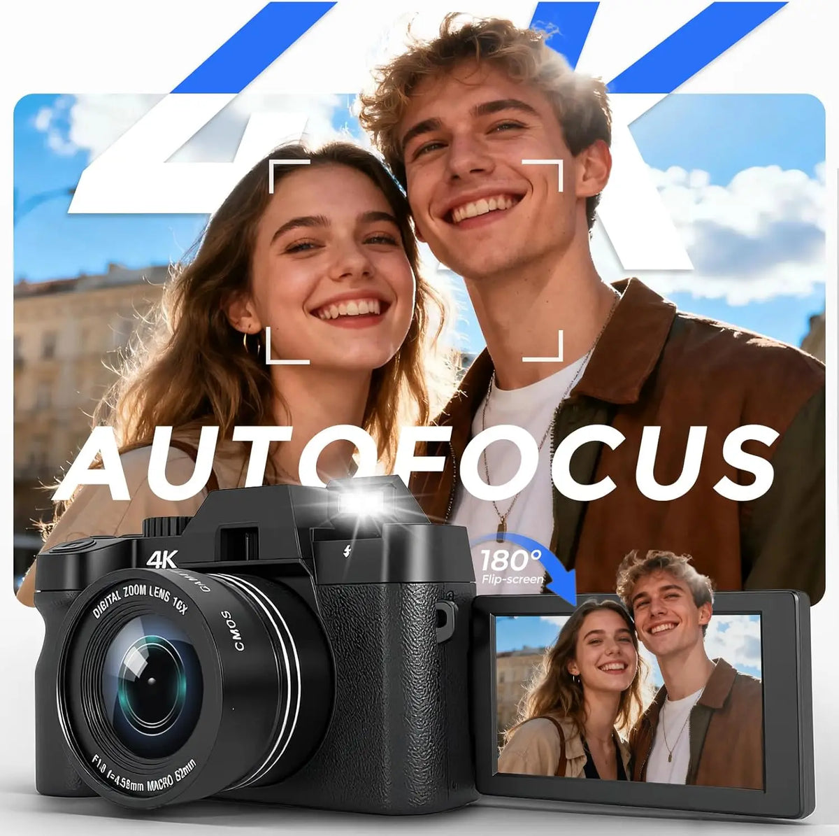 4K Vlogging Camera for YouTube with Flip Screen, WiFi, and Auto-Focus - Photography Digital Camera Includes 2 Batteries, Wide & Macro Lens, MicroSD Card, Card Reader
