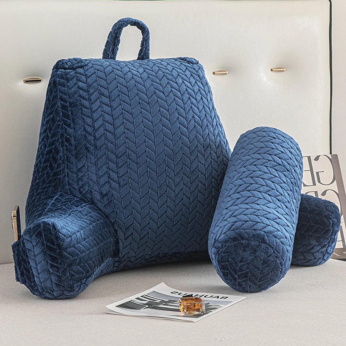 Bed Rest Reading Pillow Sit Up Pillow for Bed Backrest Support Sofa Couch Cushion with Arms, Side Pockets, Detachable Neck Roll