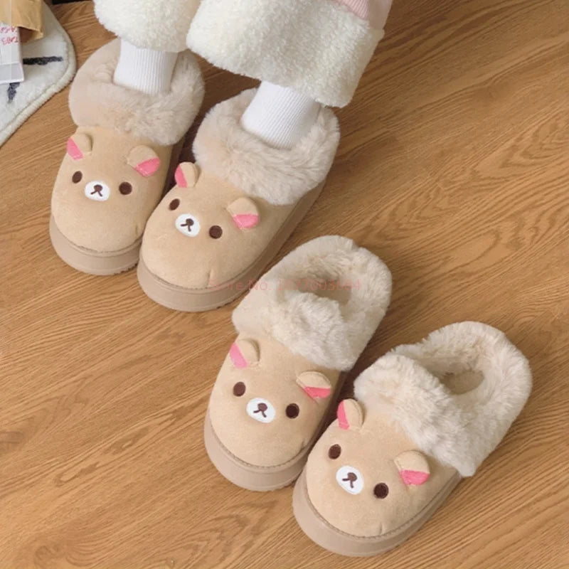 New Cute Rilakkuma Winter Wear Non Slip Warm Shoes Home Cute Bear Couple Slippers Anime Surrounding Girls Christmas Gift