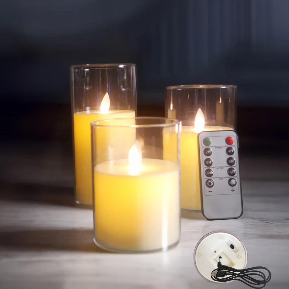 3pcs/set USB Rechargeable Led Pillar Candle,Flameless Remote Control,Timer LED Candle Light Table Decorative,Christmas Candles
