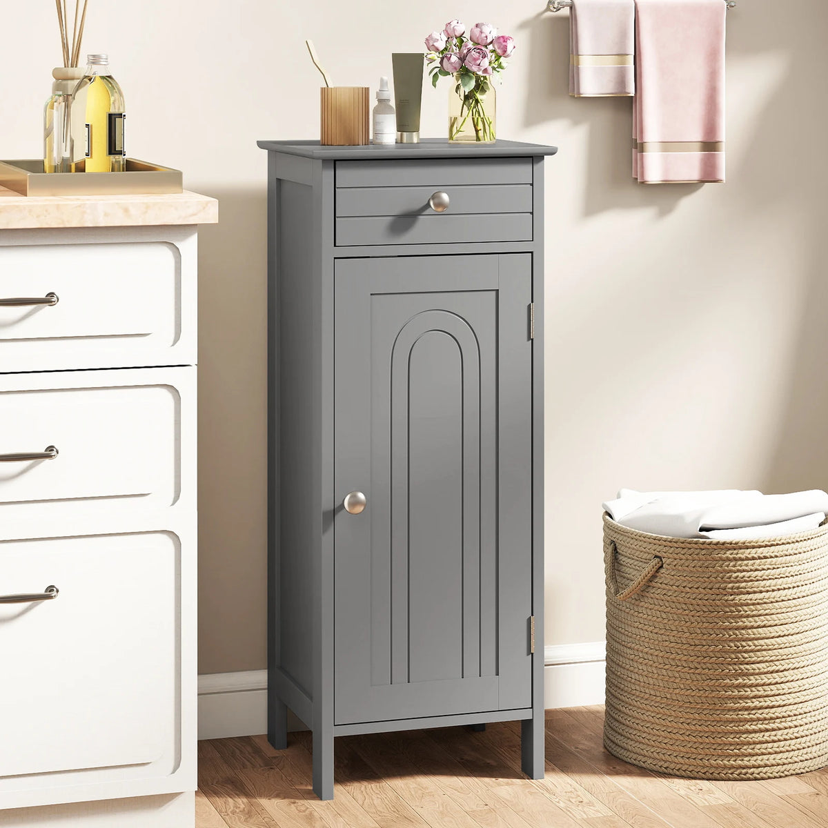 Costway Bathroom Floor Cabinet Storage Organizer Free-Standing w/ Drawer Grey