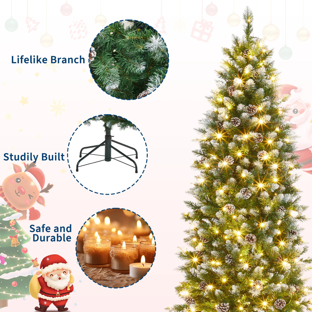 12ft Pre-Lit Flocked Slim Pencil Christmas Tree with 700 Warm White LEDs, 60 Pine Cones & Collapsible Metal Stand – Artificial Xmas Tree for Indoor Outdoor Holiday Decor